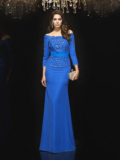 Sheath/Column Off-the-Shoulder Beading 3/4 Sleeves Long Chiffon Dresses