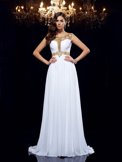 A-Line/Princess Scoop Beading Sleeveless Long Chiffon Dresses