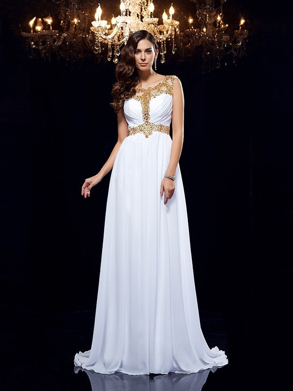 A-Line/Princess Scoop Beading Sleeveless Long Chiffon Dresses