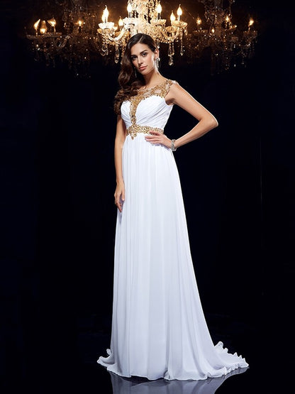 A-Line/Princess Scoop Beading Sleeveless Long Chiffon Dresses