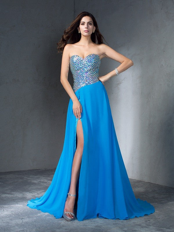 A-Line/Princess Sweetheart Sequin Sleeveless Long Chiffon Dresses