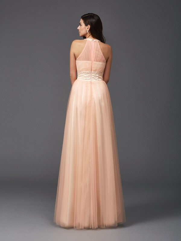 A-Line/Princess Halter Beading Sleeveless Long Net Dresses