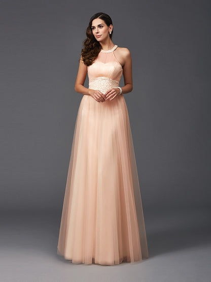 A-Line/Princess Halter Beading Sleeveless Long Net Dresses