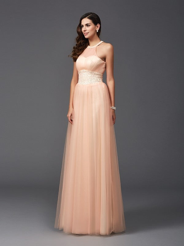 A-Line/Princess Halter Beading Sleeveless Long Net Dresses