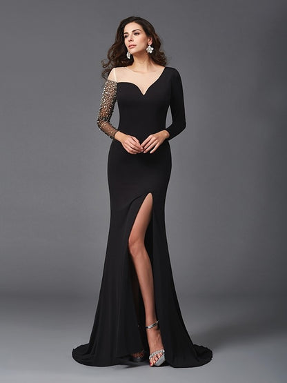 Sheath/Column Scoop Beading 3/4 Sleeves Long Spandex Dresses