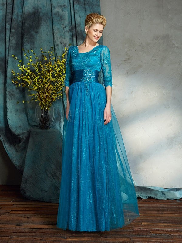 A-Line/Princess V-neck Applique 3/4 Sleeves Long Net Mother of the Bride Dresses