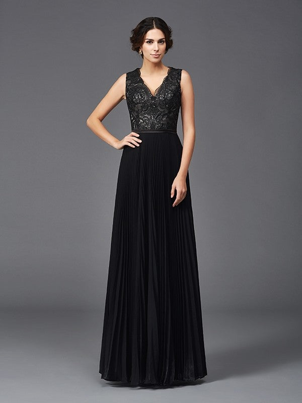 A-Line/Princess V-neck Lace Sleeveless Long Chiffon Mother of the Bride Dresses