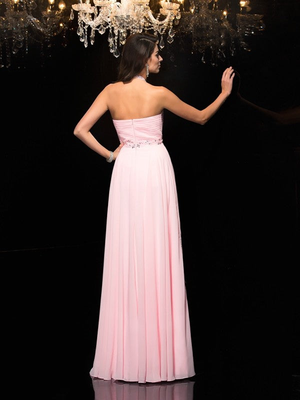 A-Line/Princess Halter Beading Sleeveless Long Chiffon Dresses