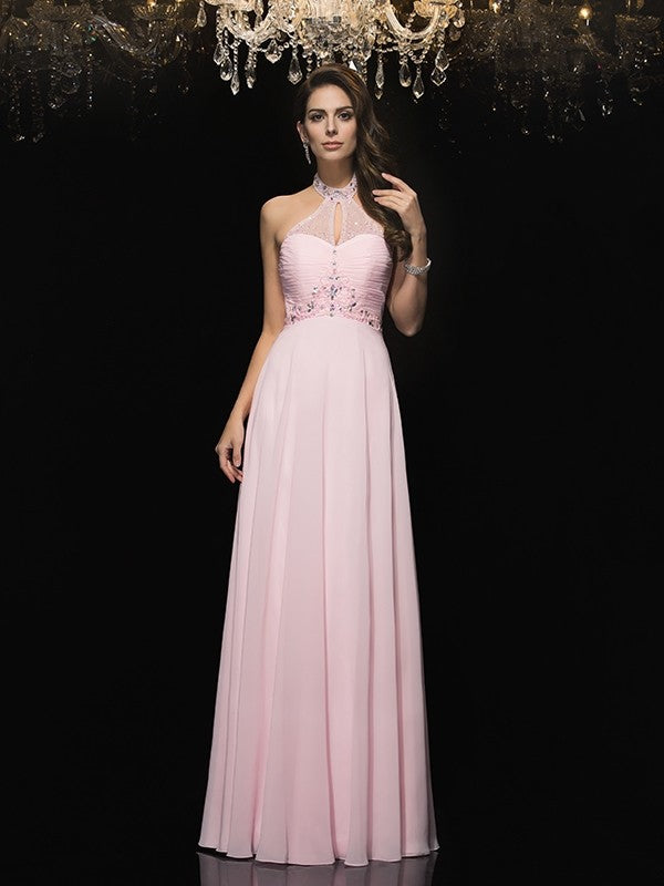 A-Line/Princess Halter Beading Sleeveless Long Chiffon Dresses