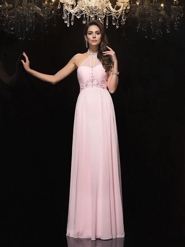 A-Line/Princess Halter Beading Sleeveless Long Chiffon Dresses