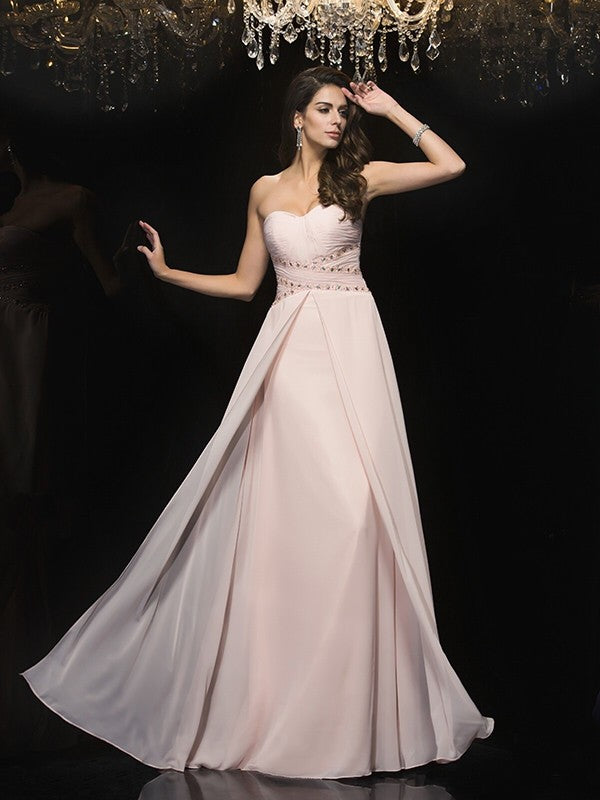 A-Line/Princess Sweetheart Beading Sleeveless Long Chiffon Dresses