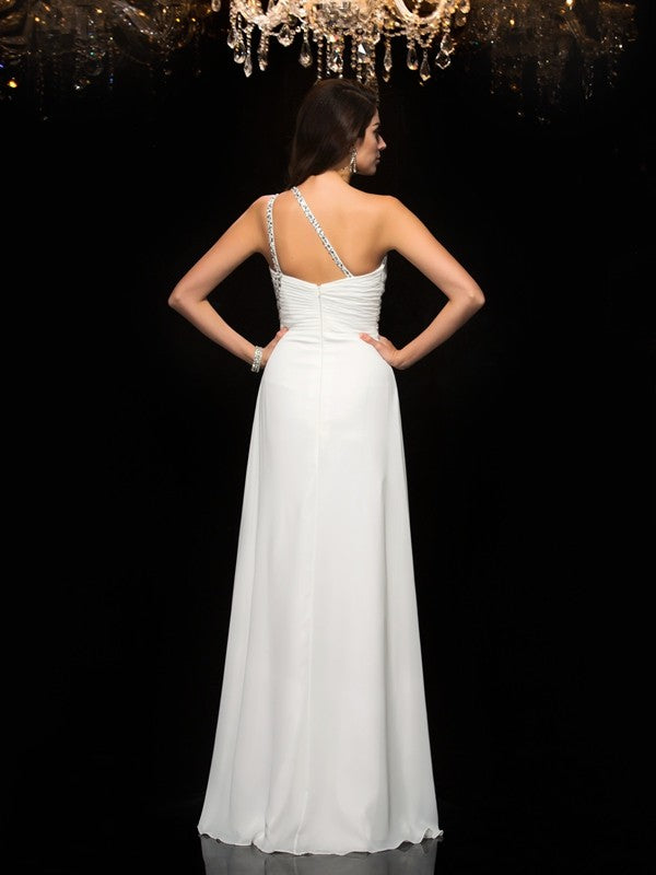 A-Line/Princess One-Shoulder Beading Sleeveless Long Chiffon Dresses