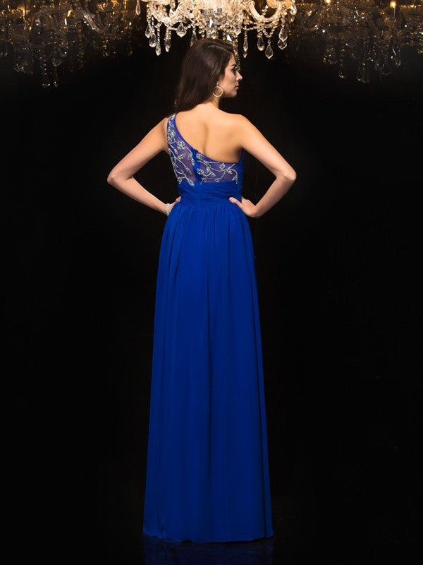 A-Line/Princess One-Shoulder Beading Sleeveless Long Chiffon Dresses