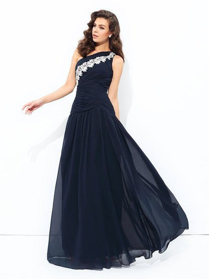 A-line/Princess One-Shoulder Applique Sleeveless Long Chiffon Dresses