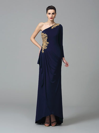 Sheath/Column One-Shoulder Embroidery Long Sleeves Long Spandex Dresses