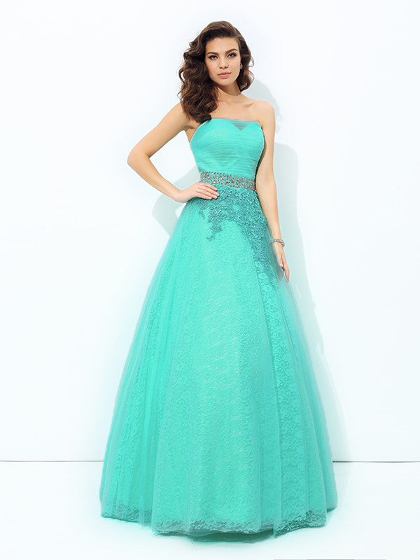 A-line/Princess Strapless Beading Sleeveless Long Elastic Woven Satin Dresses