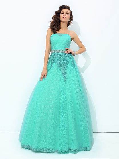 A-line/Princess Strapless Beading Sleeveless Long Elastic Woven Satin Dresses