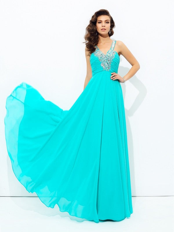 A-line/Princess V-neck Paillette Sleeveless Long Chiffon Dresses