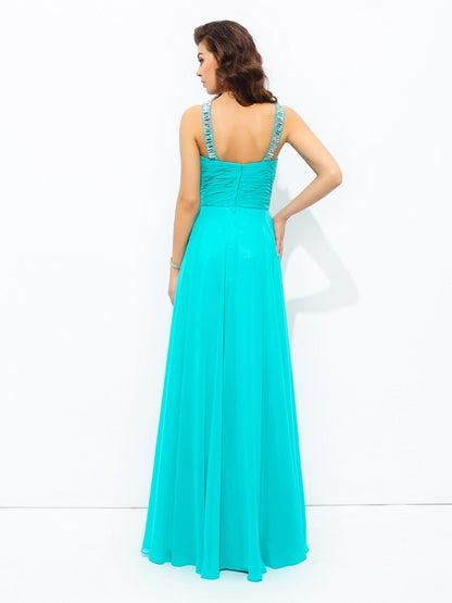 A-line/Princess V-neck Paillette Sleeveless Long Chiffon Dresses