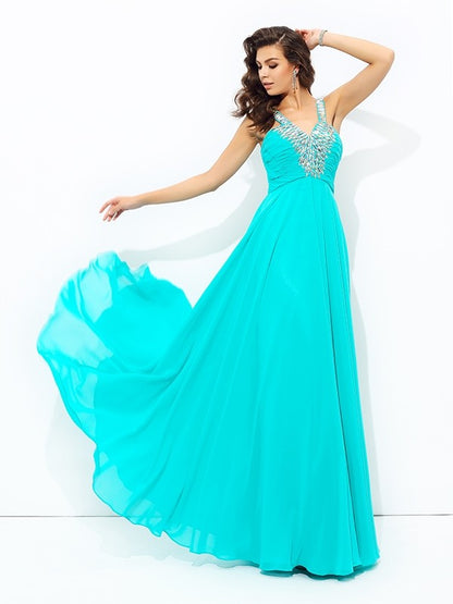 A-line/Princess V-neck Paillette Sleeveless Long Chiffon Dresses