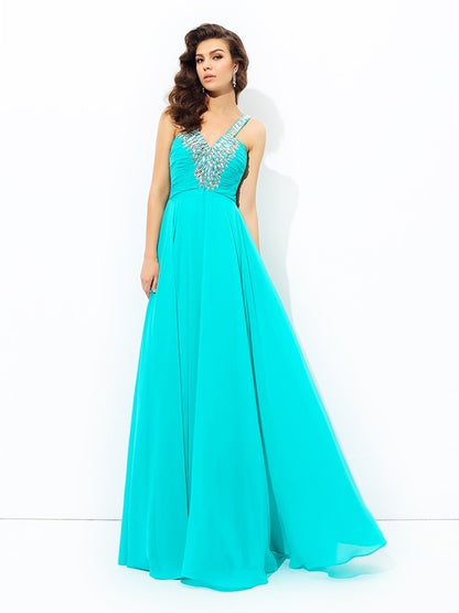 A-line/Princess V-neck Paillette Sleeveless Long Chiffon Dresses