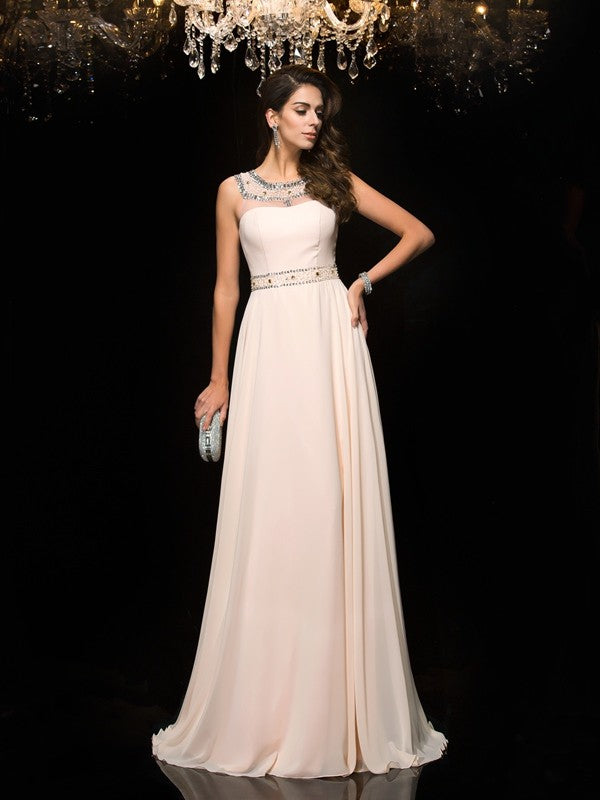 A-Line/Princess Scoop Beading Sleeveless Long Chiffon Dresses