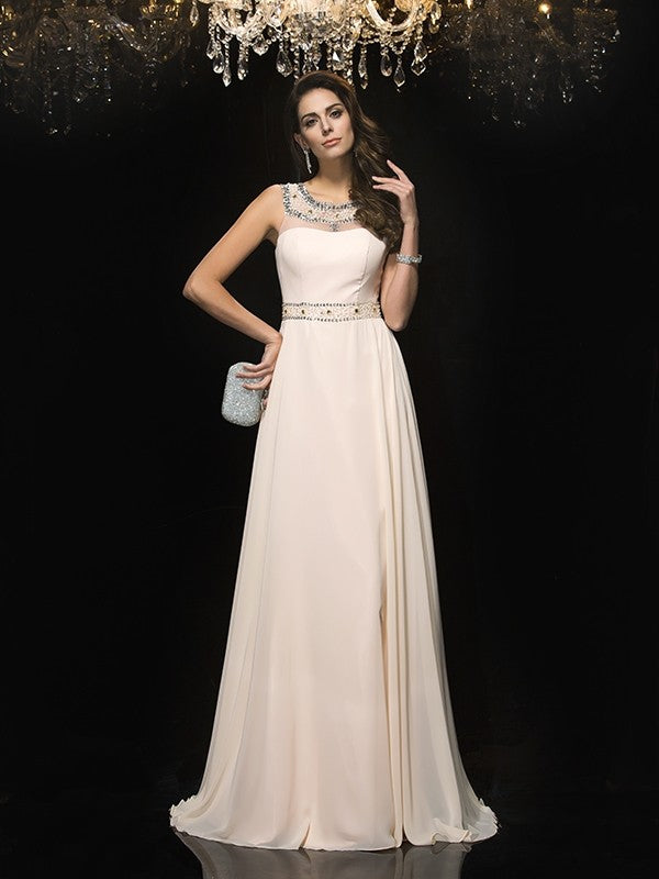 A-Line/Princess Scoop Beading Sleeveless Long Chiffon Dresses