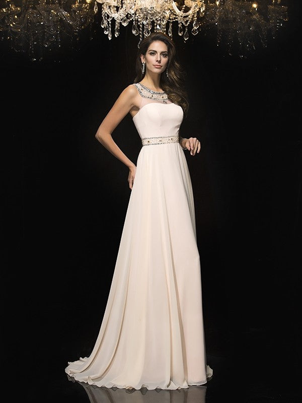 A-Line/Princess Scoop Beading Sleeveless Long Chiffon Dresses