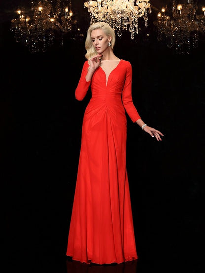 Sheath/Column Bateau Ruched Long Sleeves Long Chiffon Dresses