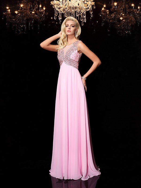 A-line/Princess Scoop Beading Sleeveless Long Chiffon Dresses