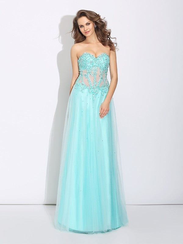 A-Line/Princess Sweetheart Lace Sleeveless Long Net Dresses