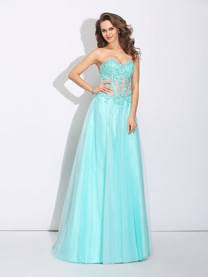 A-Line/Princess Sweetheart Lace Sleeveless Long Net Dresses