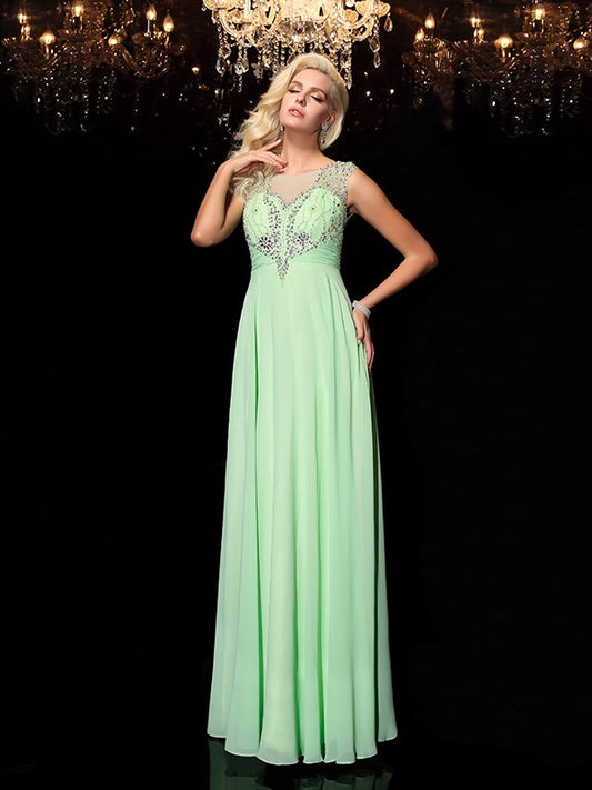 A-line/Princess Scoop Beading Sleeveless Long Chiffon Dresses