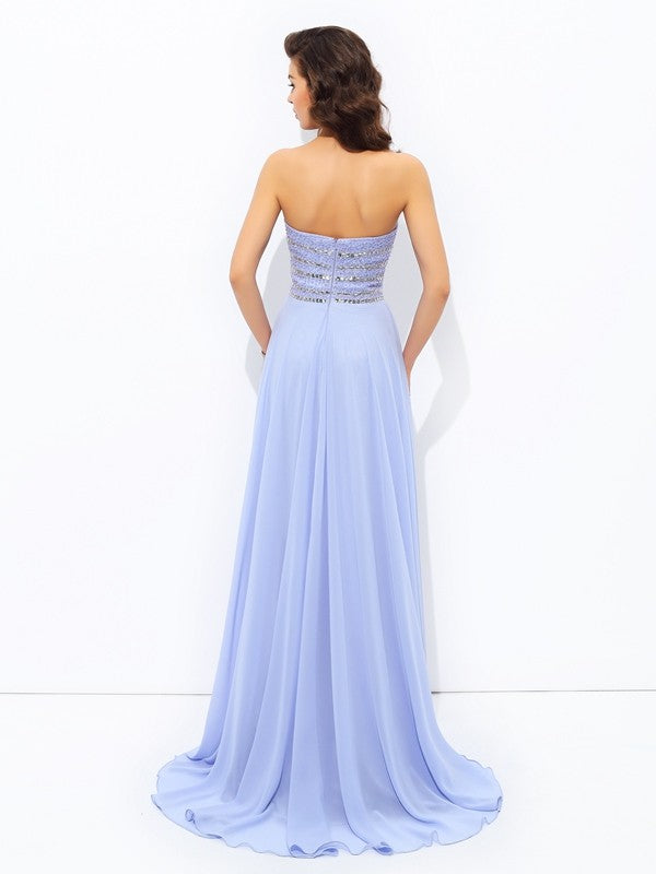 A-line/Princess Strapless Beading Sleeveless Long Chiffon Dresses