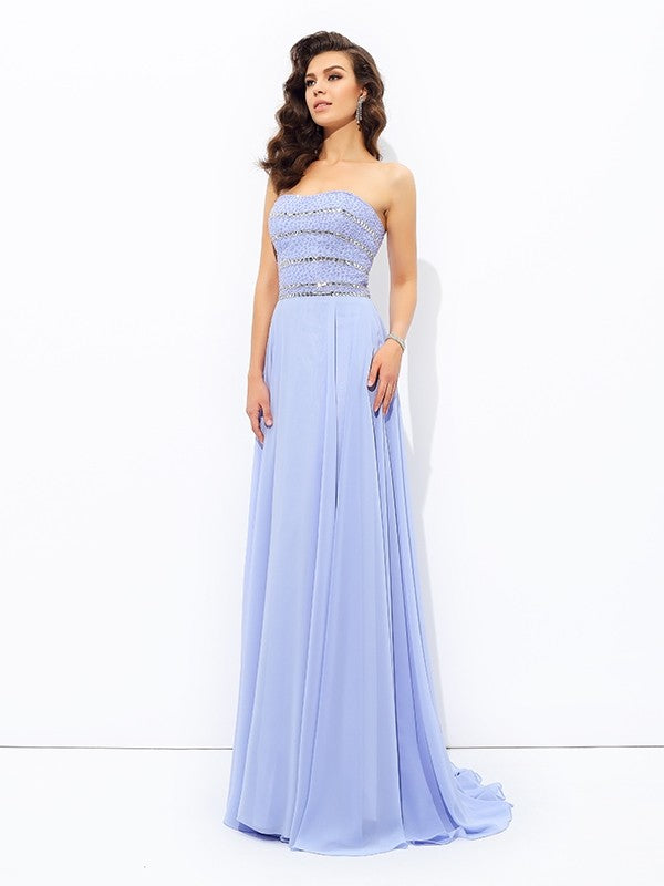 A-line/Princess Strapless Beading Sleeveless Long Chiffon Dresses