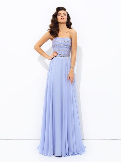 A-line/Princess Strapless Beading Sleeveless Long Chiffon Dresses