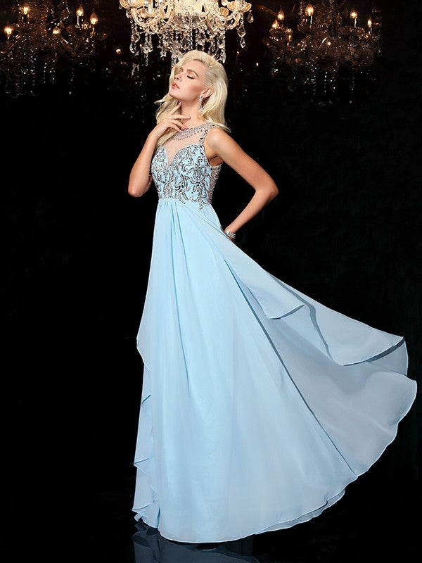 A-line/Princess Scoop Beading Sleeveless Long Chiffon Dresses