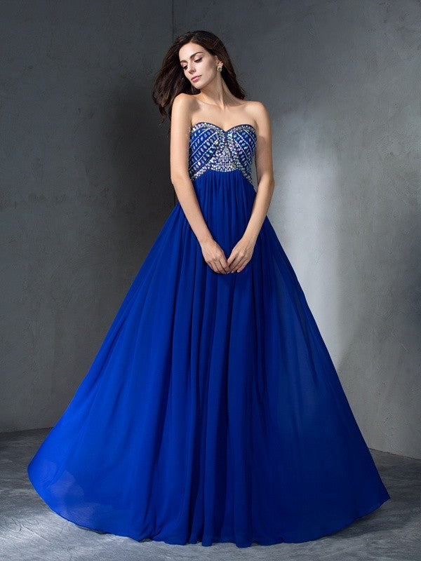 A-Line/Princess Sweetheart Beading Sleeveless Long Chiffon Dresses