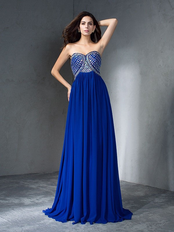 A-Line/Princess Sweetheart Beading Sleeveless Long Chiffon Dresses