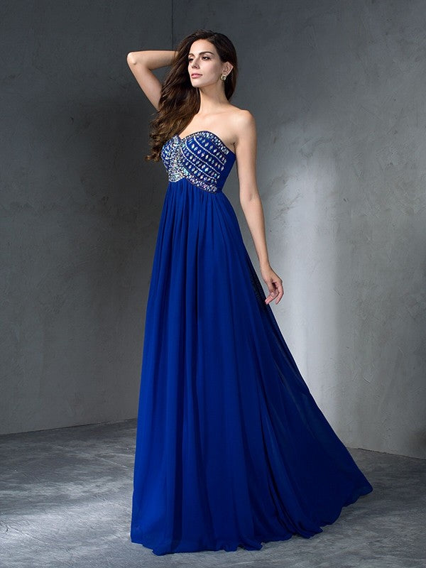 A-Line/Princess Sweetheart Beading Sleeveless Long Chiffon Dresses