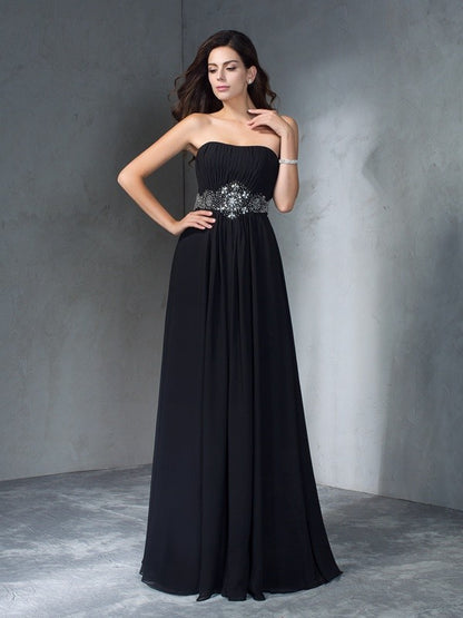 A-Line/Princess Strapless Beading Sleeveless Long Chiffon Dresses