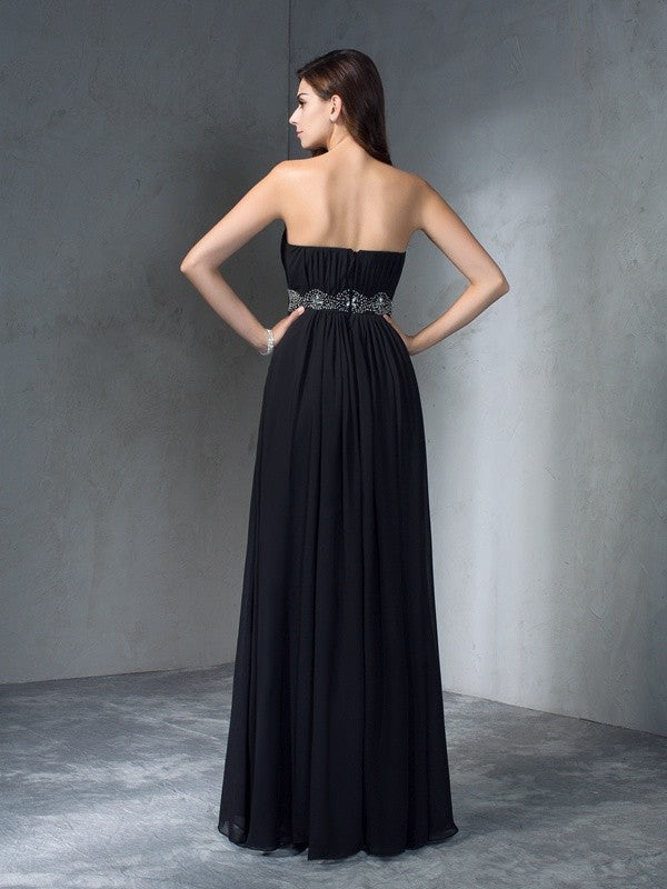 A-Line/Princess Strapless Beading Sleeveless Long Chiffon Dresses