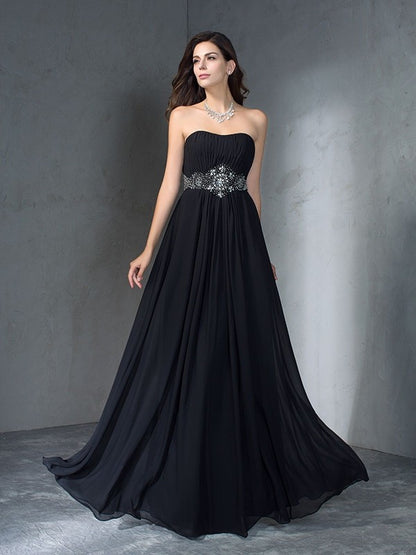 A-Line/Princess Strapless Beading Sleeveless Long Chiffon Dresses