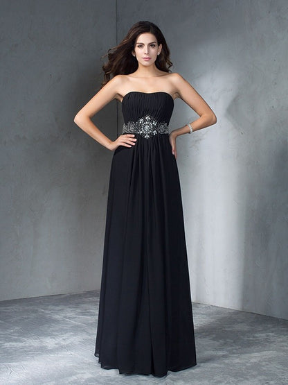 A-Line/Princess Strapless Beading Sleeveless Long Chiffon Dresses