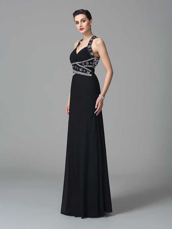 Sheath/Column Straps Beading Sleeveless Long Chiffon Dresses