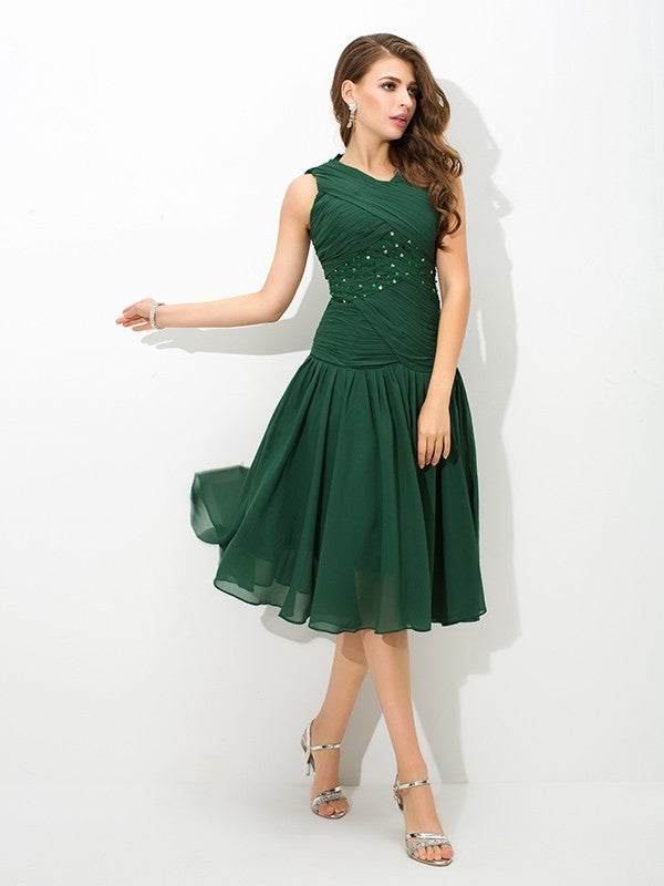 A-Line/Princess Scoop Pleats Sleeveless Short Chiffon Dresses