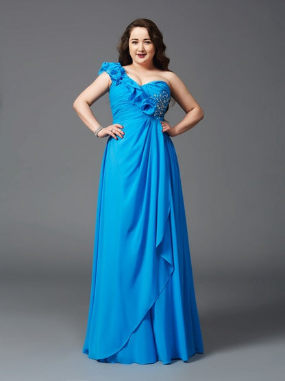 A-Line/Princess One-Shoulder Rhinestone Sleeveless Long Chiffon Plus Size Dresses