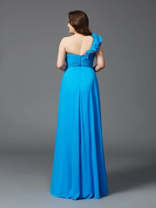 A-Line/Princess One-Shoulder Rhinestone Sleeveless Long Chiffon Plus Size Dresses