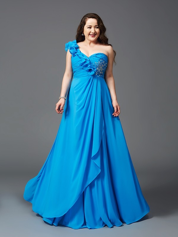 A-Line/Princess One-Shoulder Rhinestone Sleeveless Long Chiffon Plus Size Dresses