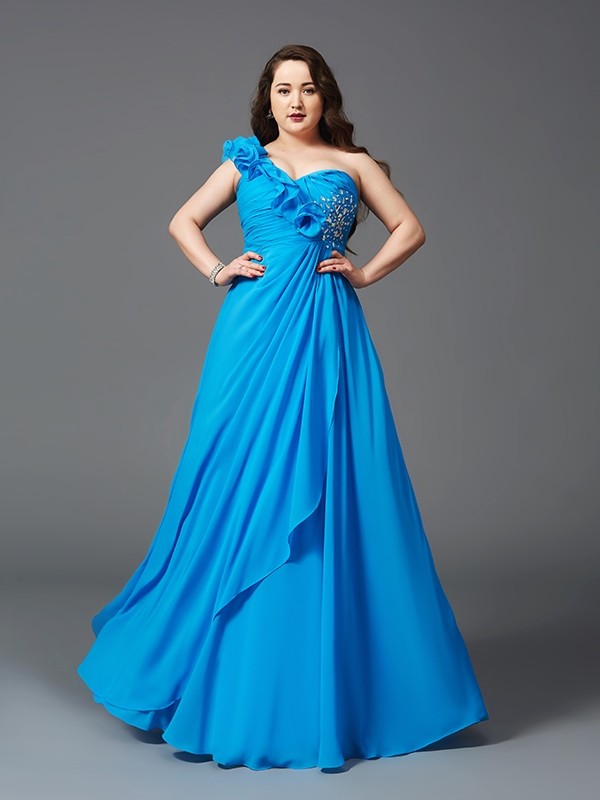 A-Line/Princess One-Shoulder Rhinestone Sleeveless Long Chiffon Plus Size Dresses